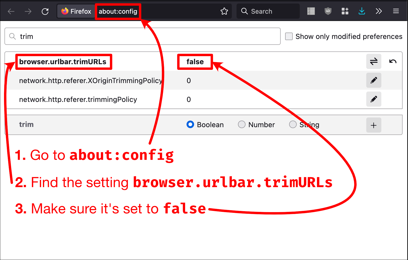Changing the "trim URLs" setting in Firefox