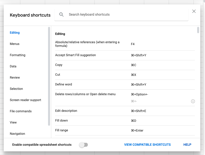 Google Sheets keyboard shortcuts
