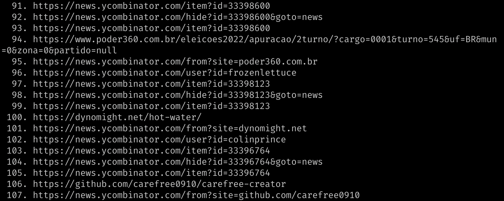 Links from the homepage of Hacker News, scraped with Lynx browser